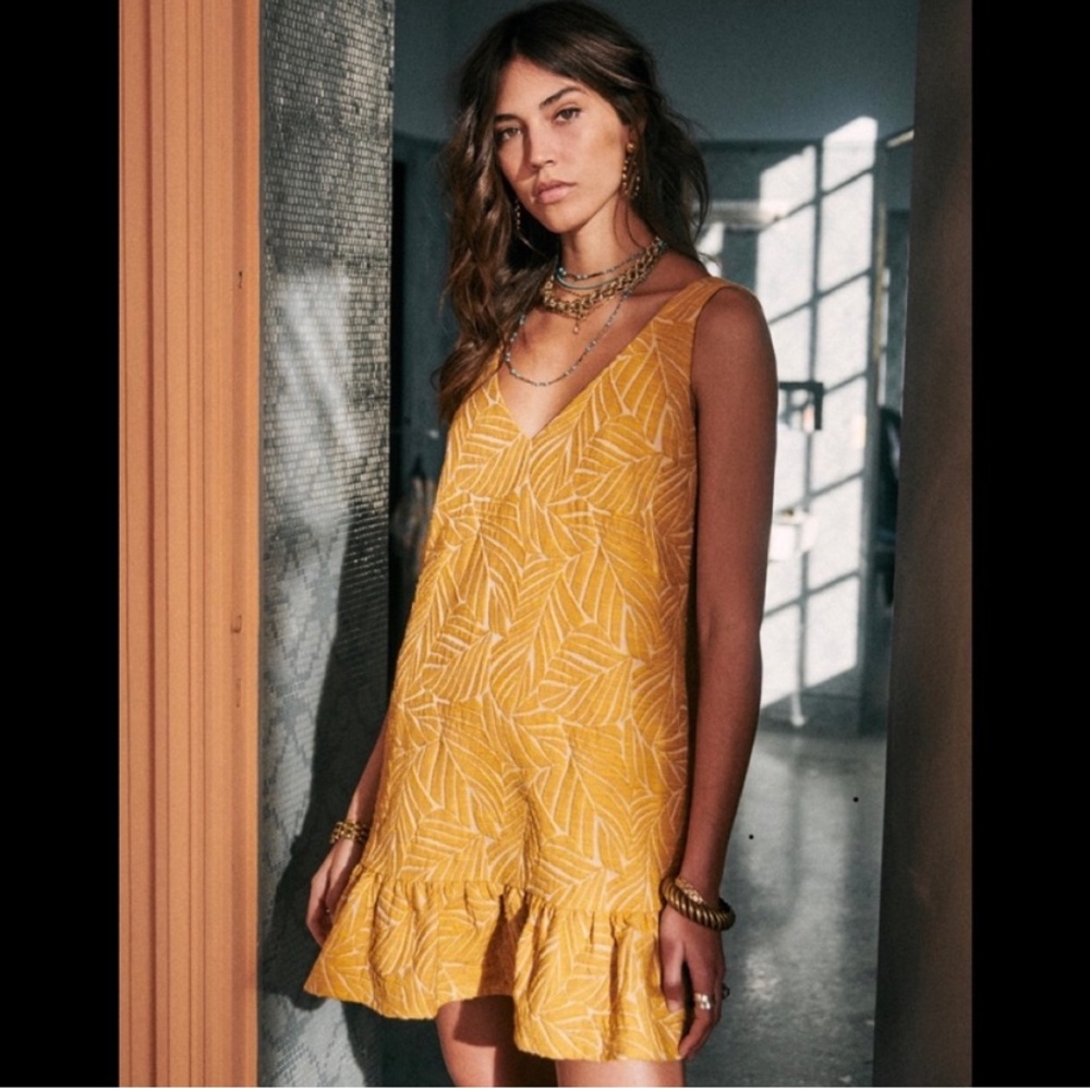 Sezane Yellow Leaf-Print Mini Dress